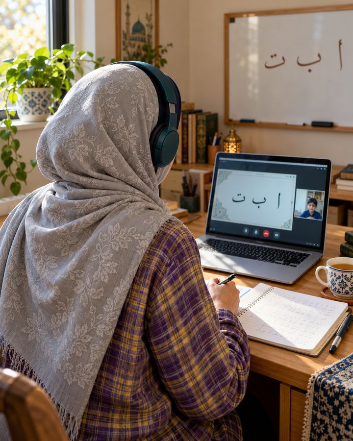 An online Arabic lesson in progress, seen over the teacher’s shoulder